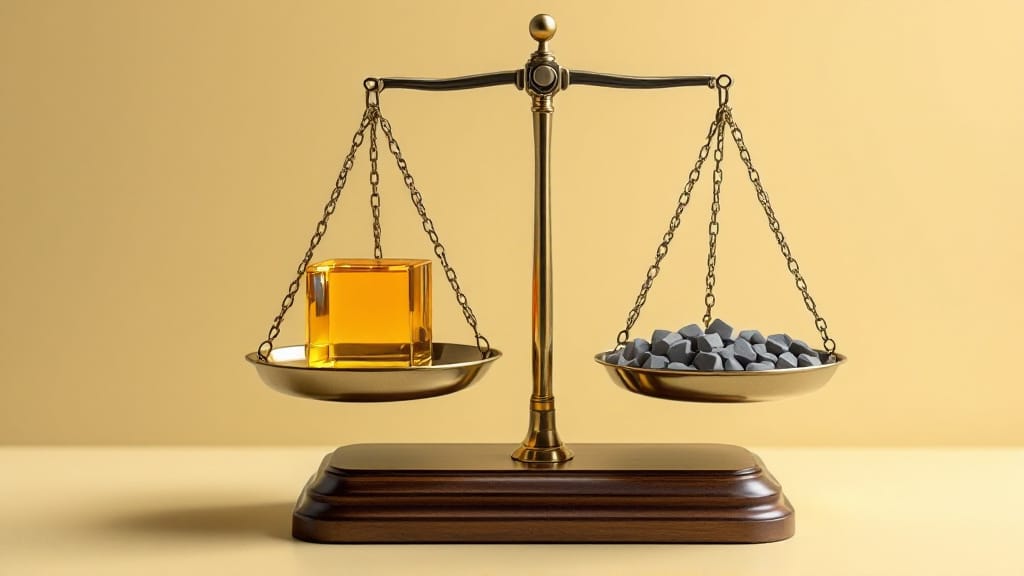 Brass balance scale — single amber cube raised on the left, pile of gray cubes lowered on the right. One targeted approach outweighs many generic ones.