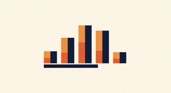 Five vertical bars of varying height on cream, each split into orange and navy halves — representing five A/B subject-line experiments to run on your list.