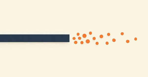 A precise navy horizontal bar on the left and an irregular scatter of small orange circles on the right — measurement versus intuition in B2B copy optimization.