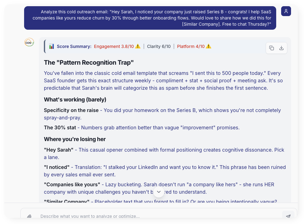 COS analysis dashboard showing engagement score, personality analysis, and actionable recommendations for a cold outreach email