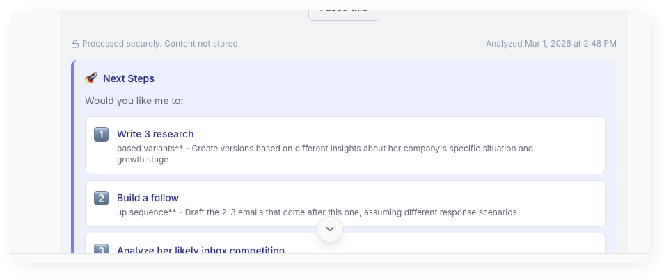 COS next steps — actionable follow-up suggestions including research variants and follow-up sequences